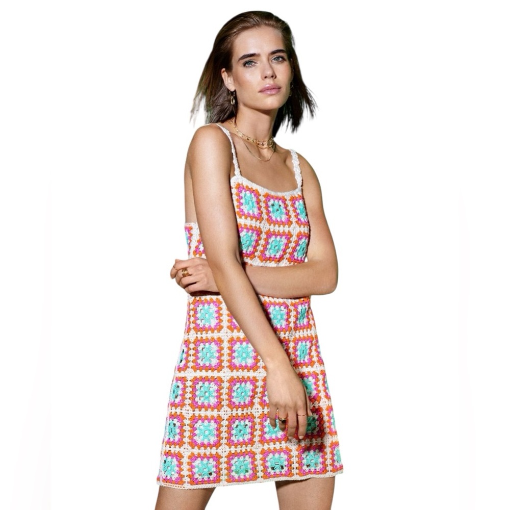 Aqua Crochet Mini Dress Multicolor Women Size Medium Granny Square Sleeveless